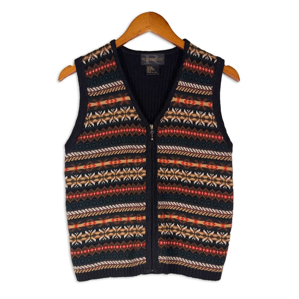 Vintage Requirements Fair Isle Sweater Vest Zip Front Wool Blend 90s Y2K Size S